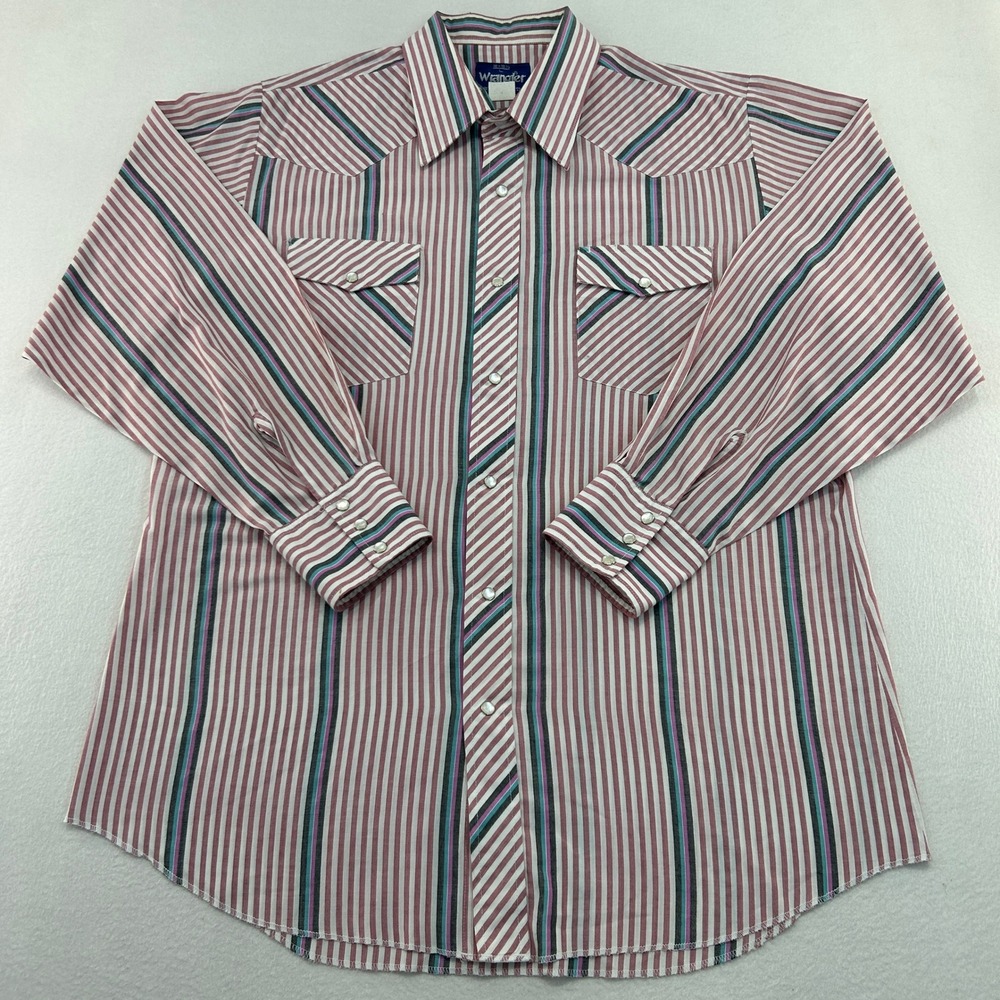 Wrangler Western Shirt Mens Large Red White Striped Pearl Snap Long Sleeve